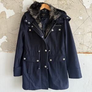 Wool Blend Parka Faux Fur Hood Navy Winter Coat Laundry by Shelli Segal Women 10